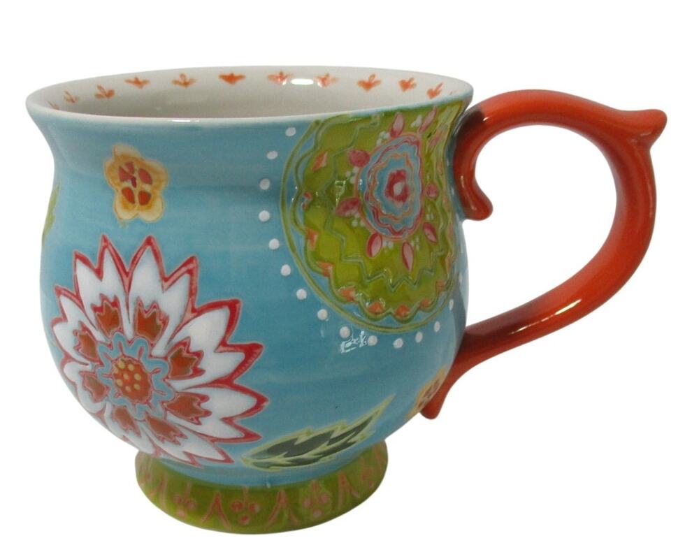 Dutch Wax Ceramic Footed Blue Floral Coffee / Tea Mug 14 OZ.